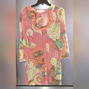 Trina Turk Sz 8 Medium Multicolor 3/4 Sleeve Mini Dress Cover-Up Lightweight